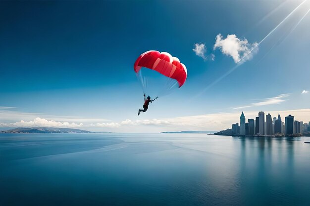 A man is parasailing over the water with a red parachute