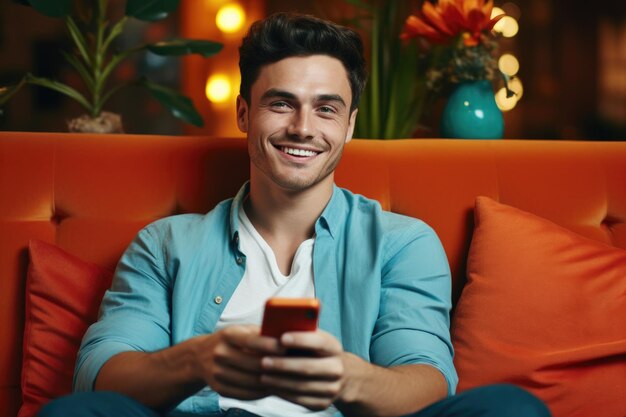 Man is pictured sitting on couch while holding cell phone