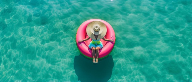 a man is on a pink inflatable raft with a woman wearing a hat