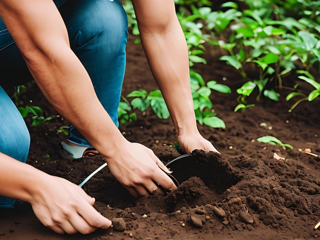 A man is planting a seedling in a garden.