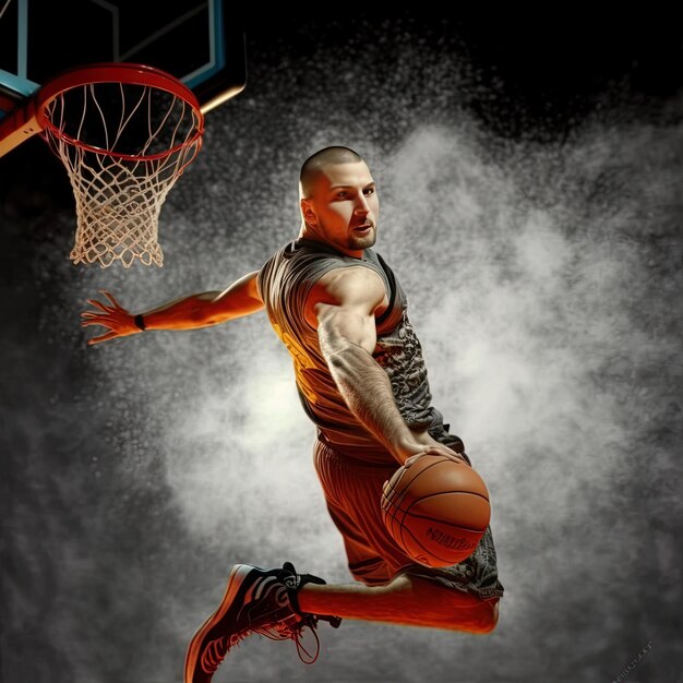 Photo a man is playing basketball in the air with the ball in his hand