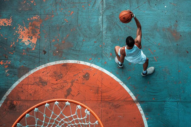 A man is playing basketball on a court