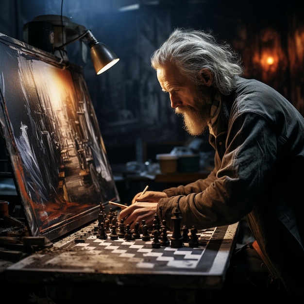 Photo a man is playing chess with a large picture of a man in a dark room.