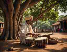 Photo a man is playing drums under a tree with a tree behind him