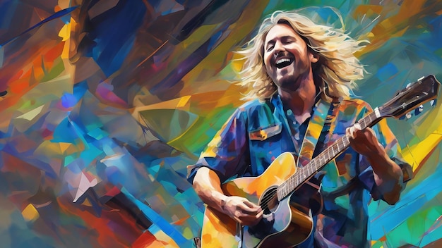 A man is playing guitar in a colorful painting