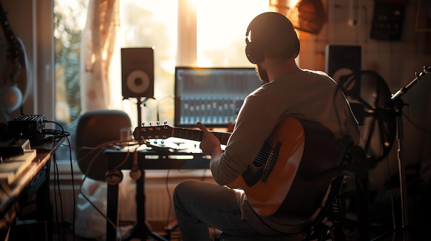 A man is playing guitar and singing in a recording studio He is wearing headphones and there is a computer on the desk