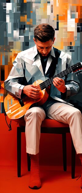 a man is playing a guitar and wearing a suit