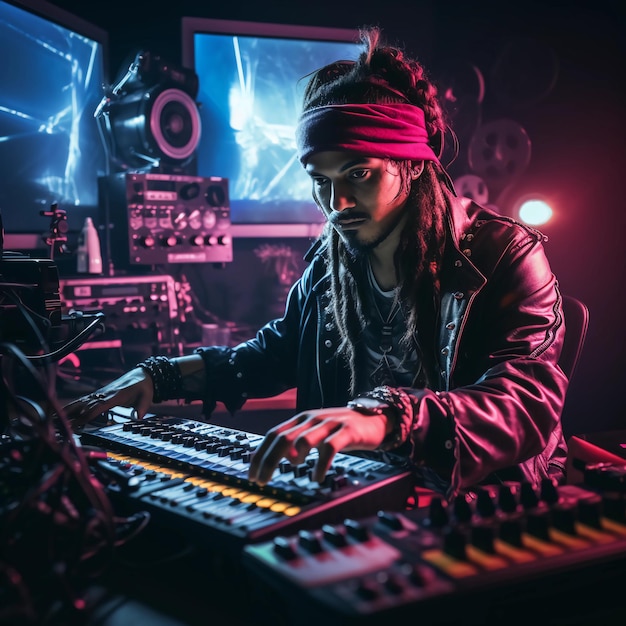 A man is playing a keyboard with a band on it