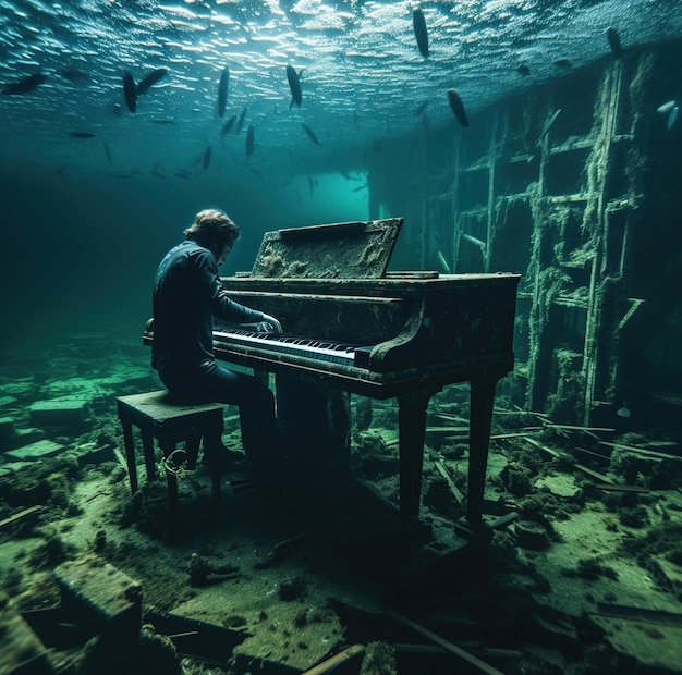 A man is playing a piano under the water