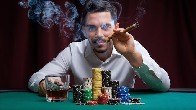 Photo man is playing poker with a cigar and a whiskey