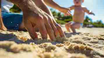 Photo a man is playing in the sand with his baby