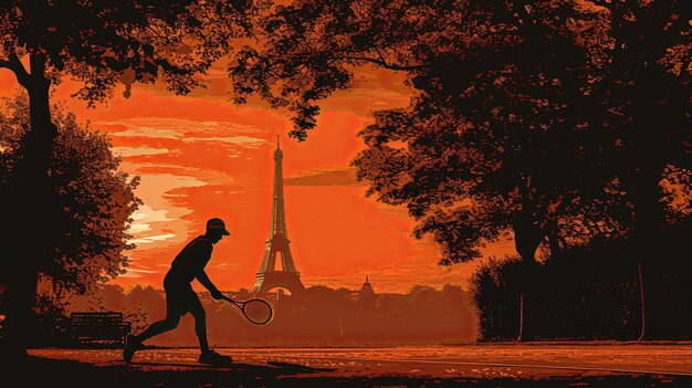 A man is playing tennis in a park with the Eiffel Tower in the background