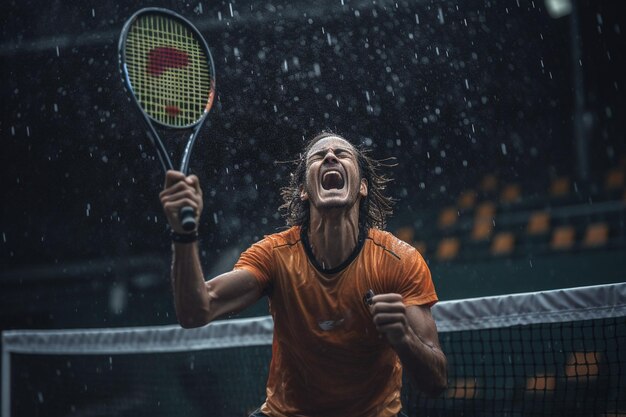 A man is playing tennis in the rain