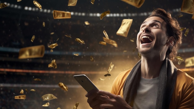 a man is playing with a smartphone and money falling from the sky.