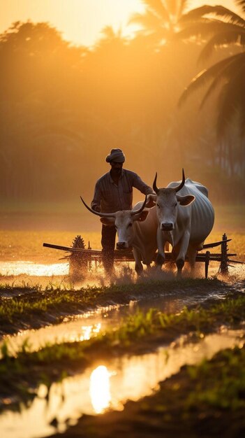 Photo a man is plowing a field with oxen