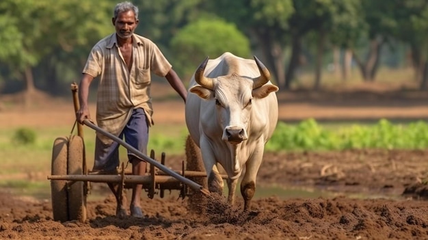 a man is plowing a field with two oxen