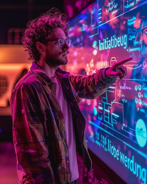 a man is pointing at a board with the word  welcome  on it