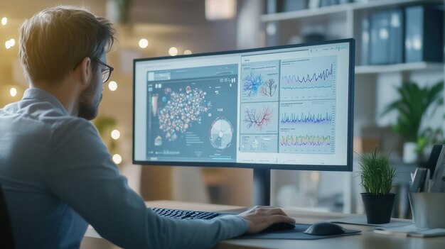 A man is pointing at a large computer monitor displaying a colorful wave Concept of excitement and