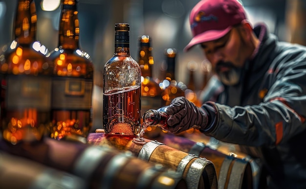 Photo a man is pouring a drink into a glass from a bottle the bottle is next to a row of other bottles