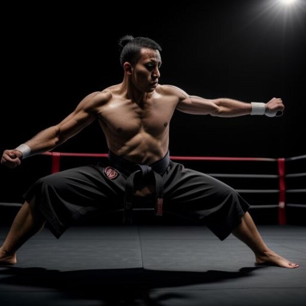 Photo a man is practicing martial arts with a ring in the background