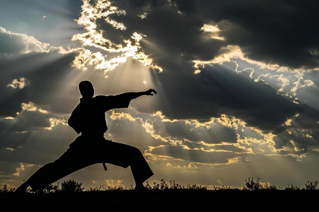 Photo a man is practicing martial arts with the word  on the sky