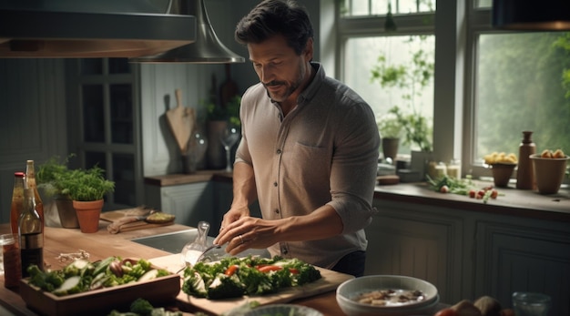 a man is preparing food in a kitchen