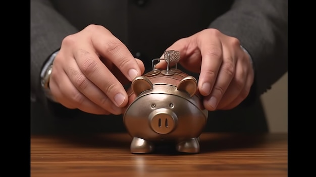 A man is putting a piggy bank into a wooden table.