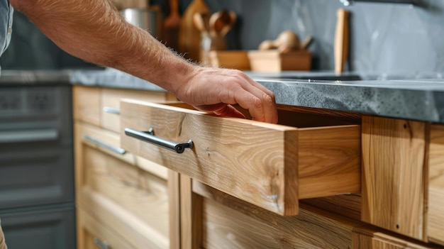 A man is reaching into a wooden drawer in a kitchen