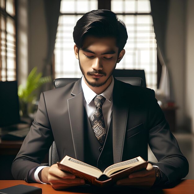 a man is reading the Koran in his office