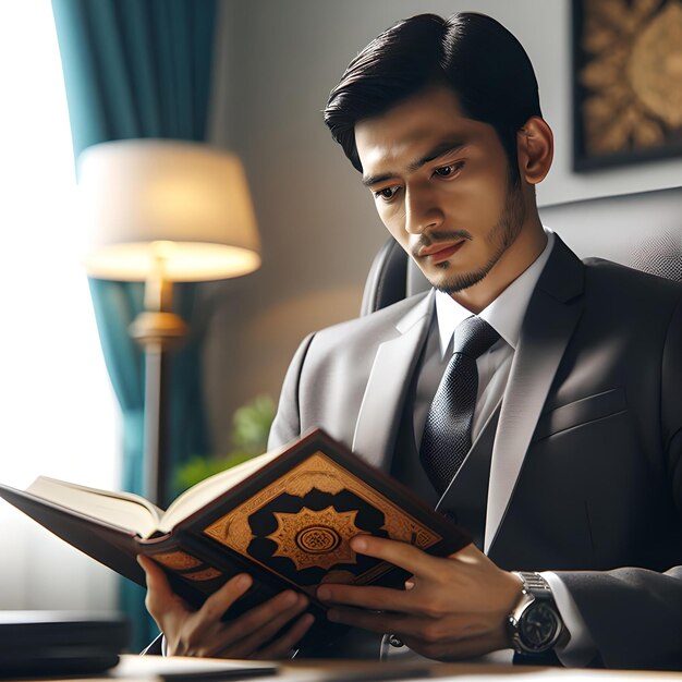 a man is reading the Koran in his office