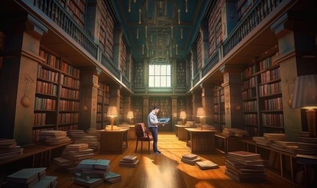 A man is reading in a library with many books on the floor.