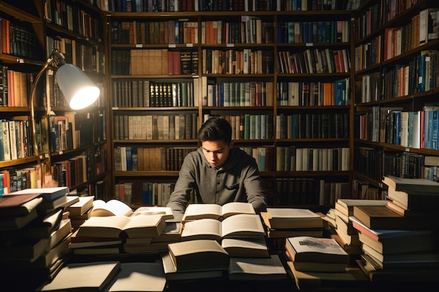 A man is reading in a library with many books on the table