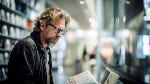 A man is reading a newspaper in a store