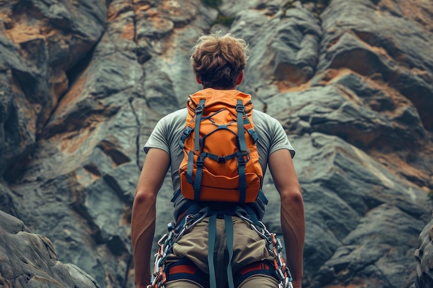 Man is ready to climb to the top of the cliff