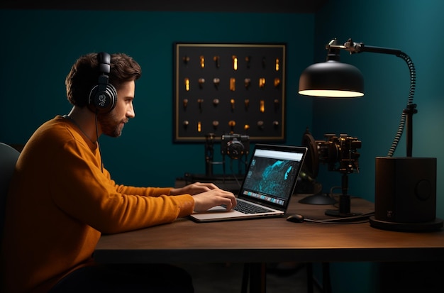 a man is recording a video at a computer in front of a camera in the style of dark themes tabletop