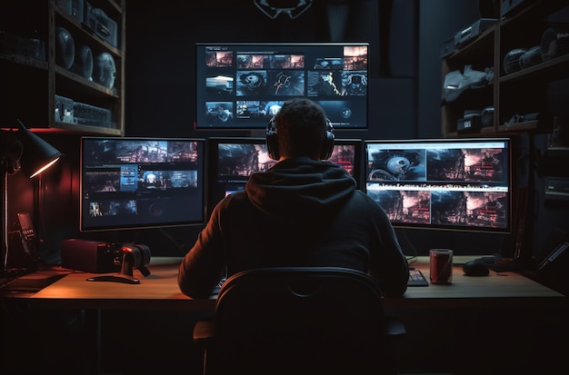 a man is recording a video at a computer in front of a camera in the style of dark themes tabletop