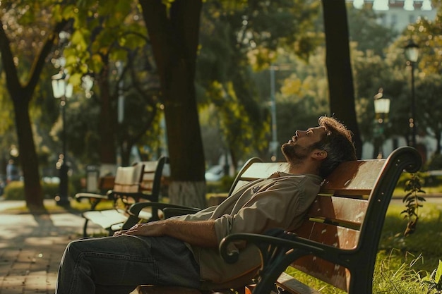 A man is resting on a bench in the park photo in a summer atmosphere