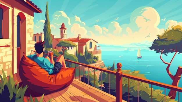 The man is resting on a wooden house terrace with a view of a Mediterranean island with houses and trees A summer landscape with a person with a cup sitting in a bean bag chair on a house porch a
