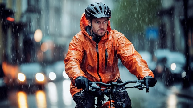 A man is riding a bicycle wearing raincoat in the rain