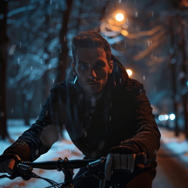 Photo a man is riding a bike in the snow with a blurry background