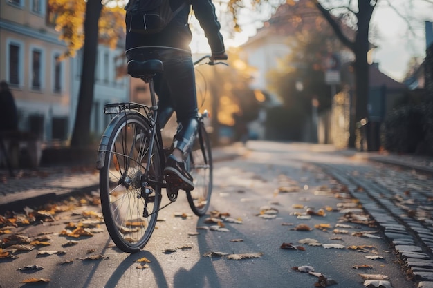 Photo a man is riding a bike in the street with leaves on the ground