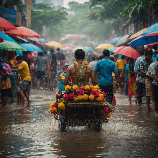 Photo a man is riding a cart with flowers on it