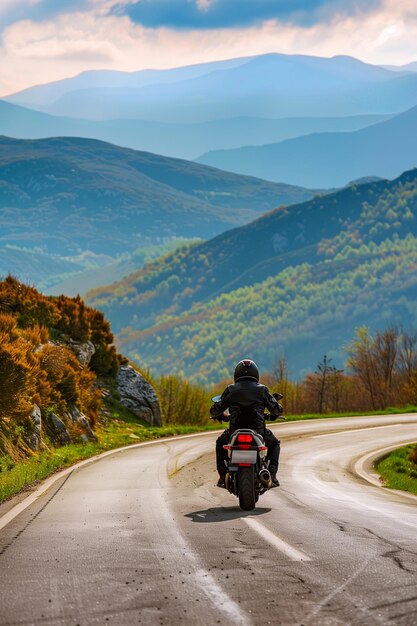 Foto un uomo sta guidando una motocicletta lungo una strada tortuosa nelle montagne