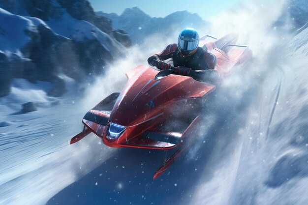 Photo a man is riding a snowmobile down a snowcovered slope this image can be used to depict winter sports and adventure activities