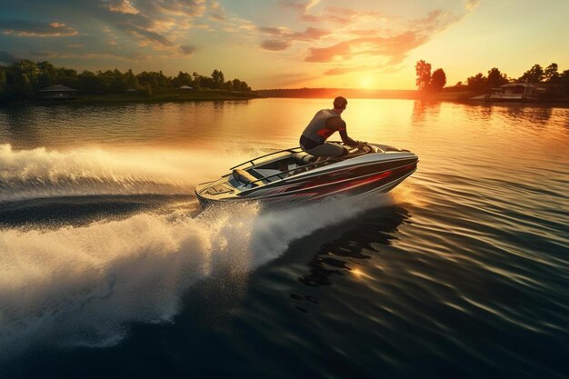 Photo a man is riding a speedboat on a lake with the sun setting behind him