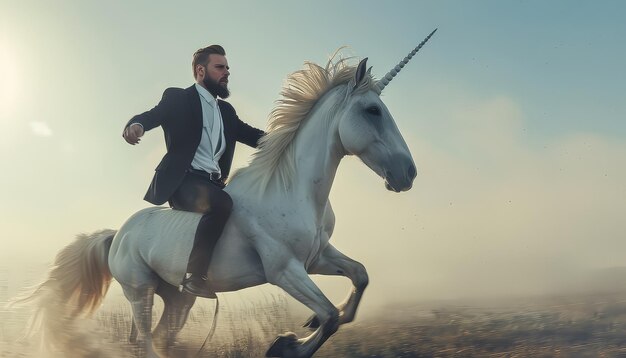 A man is riding a white unicorn in a field