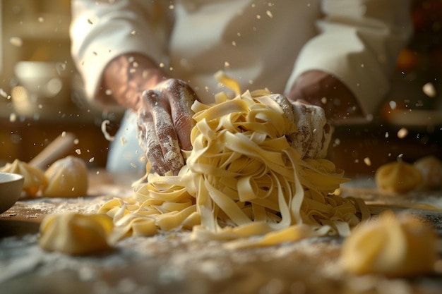 Foto un uomo sta arrotolando un mucchio di spaghetti con una mano che dice pasta