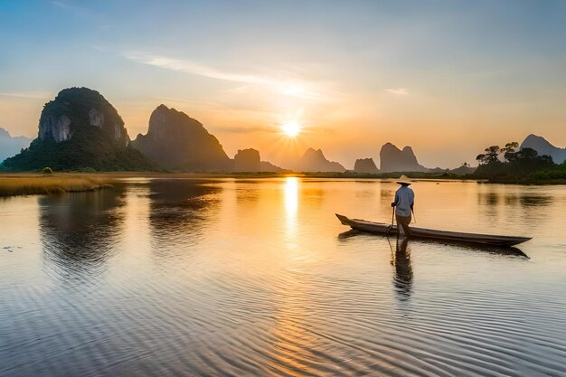 A man is rowing a boat on a lake at sunset