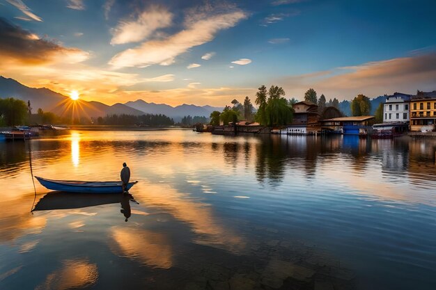 A man is rowing a boat on a lake at sunset.