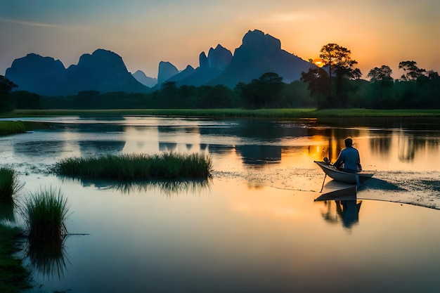 a man is rowing a boat on a lake at sunset.